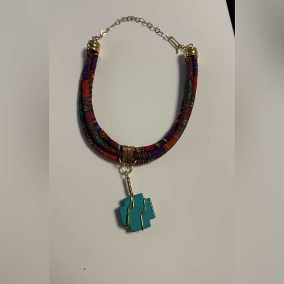 Boho Turquoise Cross Necklace | Colorful Fabric Cord Statement Necklace - Picture 4 of 9
